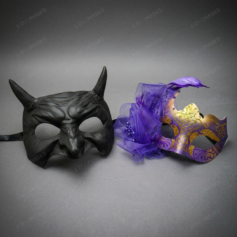 Black Horned Demon Mask & Gold Purple Tulle Glitter Masquerade Couple Mask Set